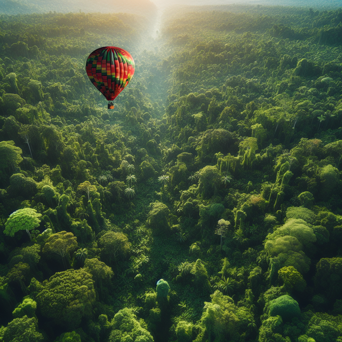 A Serene Escape: Hot Air Balloon Soaring Over Untouched Wilderness