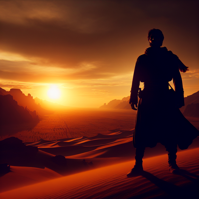 Silhouetted Against the Setting Sun: A Lone Figure in the Desert