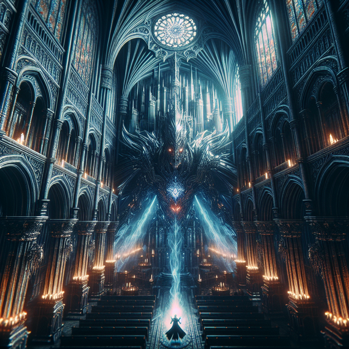 A Shadowy Figure Commands a Dragon of Light in a Gothic Cathedral