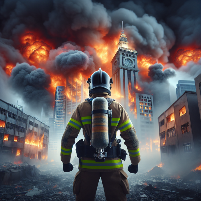 One Man Against the Flames: Firefighter Stands Tall Amidst Burning City