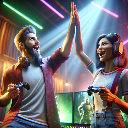 Victory High Five: Gamers Celebrate Triumph with Joyful Energy