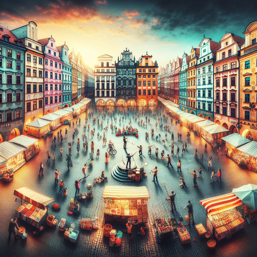 Prague’s Golden Hour: A Bustling Market Square Bathed in Warm Sunset Light