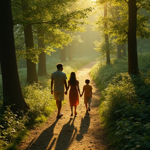 Sun-Dappled Path: A Family’s Tranquil Forest Walk