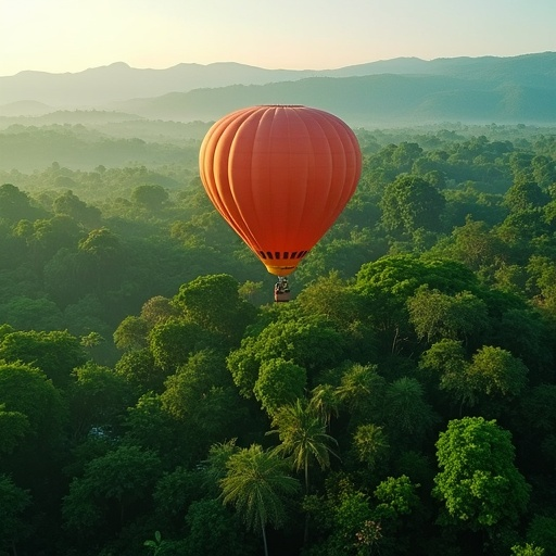 Soaring Serenity: A Hot Air Balloon’s Majestic Flight Over Lush Greens