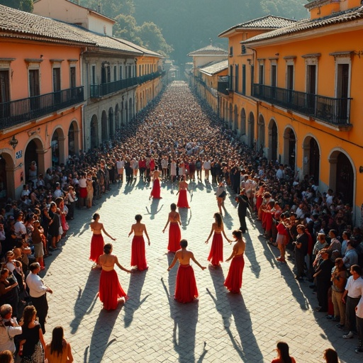 Vibrant City Street Scene: A Sea of Red Dancers