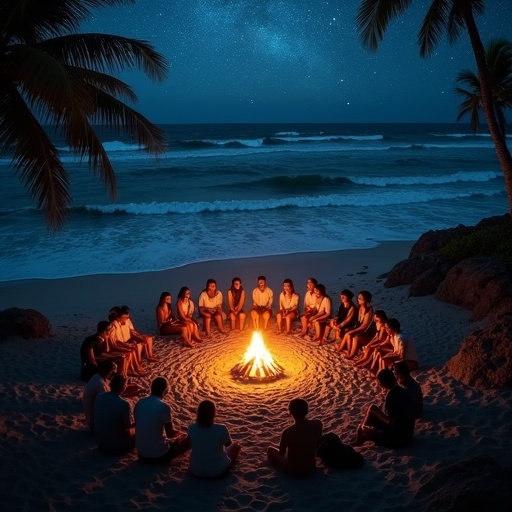 Nighttime Beach Bonfire: A Gathering of Friends Under the Stars