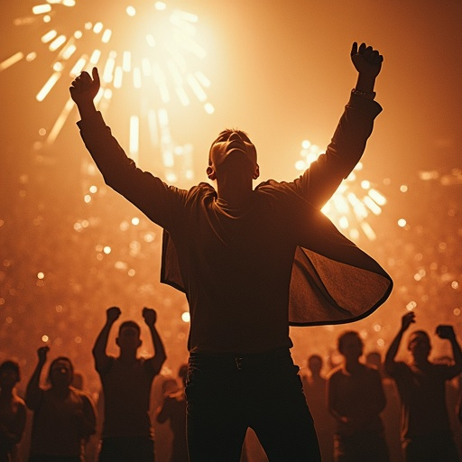 Silhouetted Joy: A Man Celebrates Amidst a Fireworks Display