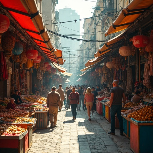 A Sun-Drenched Middle Eastern Market: Vibrant Life and Dynamic Composition