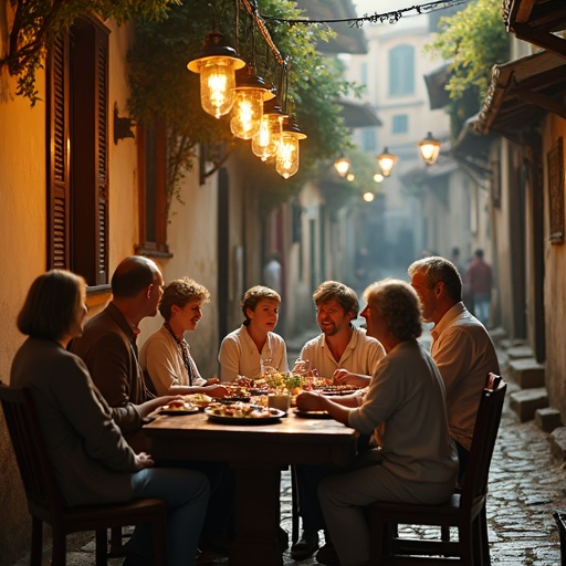 Cozy Cobblestone Gathering: Friends Share a Meal Under the Sunset Glow