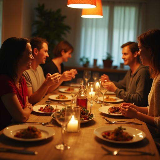 Intimate Gathering: Friends Share a Meal Under Warm Lighting