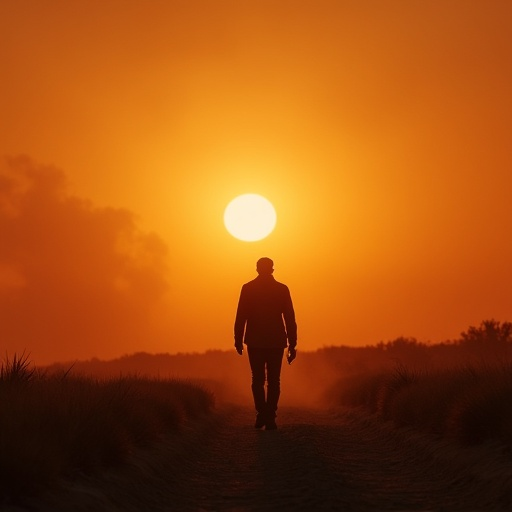 Silhouette of Hope: A Solitary Figure Walks into the Setting Sun