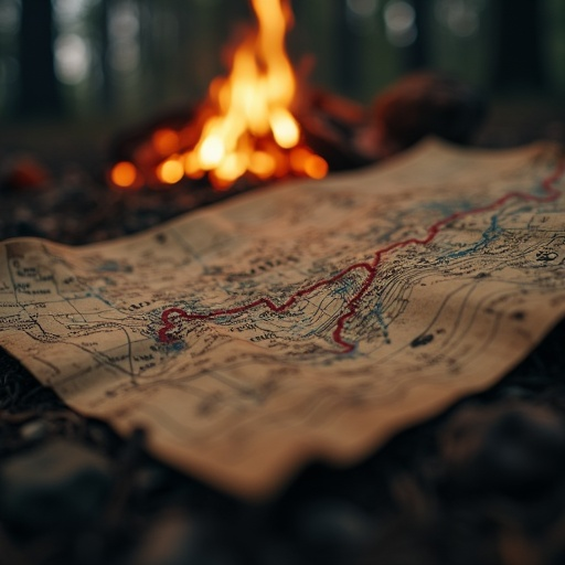 Whispers of Adventure: A Weathered Map by the Campfire’s Glow