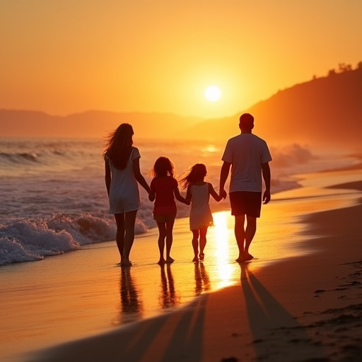 Sunset Stroll: A Family’s Tranquil Moment Captured