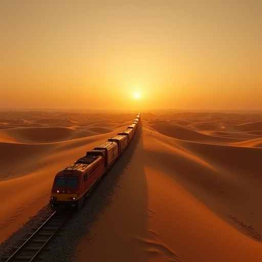 Sunset Symphony: A Train Disappears into the Desert’s Embrace