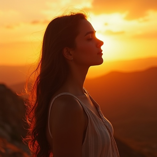 Silhouette of Serenity: A Woman Finds Peace in the Golden Sunset