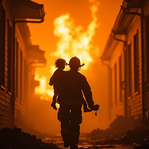 Silhouetted Hero: Firefighter Carries Child to Safety