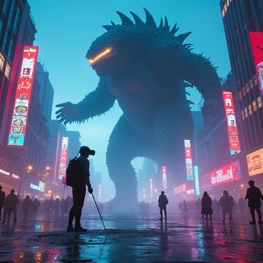 Cyberpunk Colossus: Monster Looms Over Cityscape