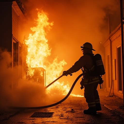 Silhouette of Courage: Firefighter Battles Blazing Inferno