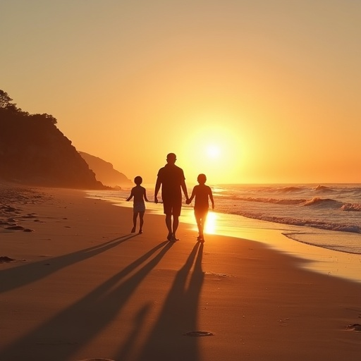 Sunset Silhouette: A Family’s Peaceful Stroll on the Beach