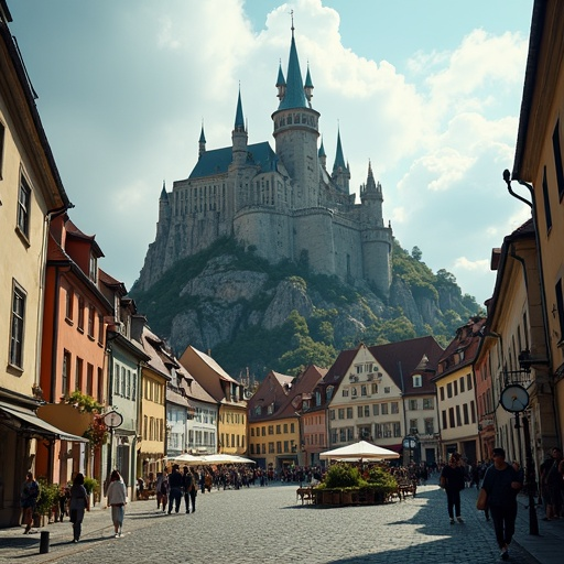 Charming Medieval Town Square with Majestic Castle