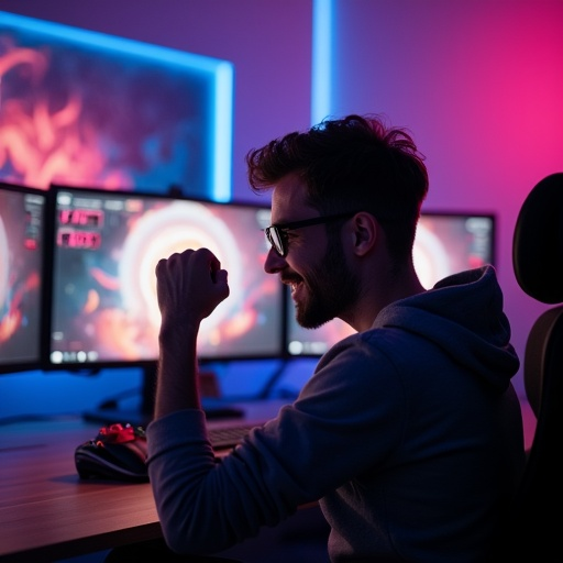 Victory Dance! Gamer Celebrates Triumph in Neon-Lit Room