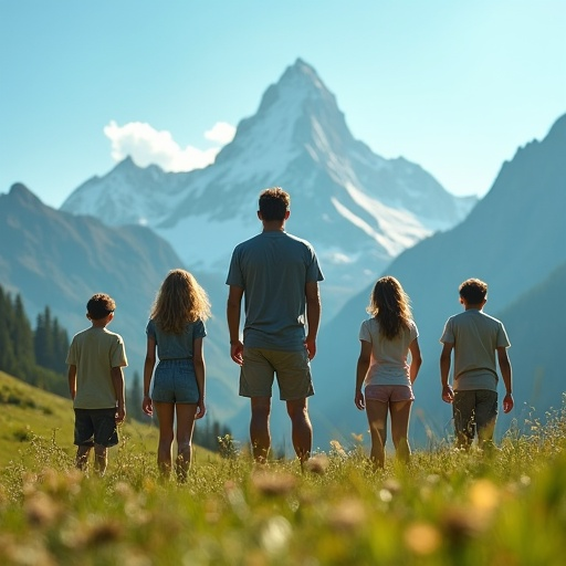 Family Silhouettes Against Majestic Mountains