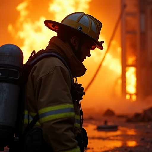 Silhouette of Courage: Firefighter Stands Against the Blaze