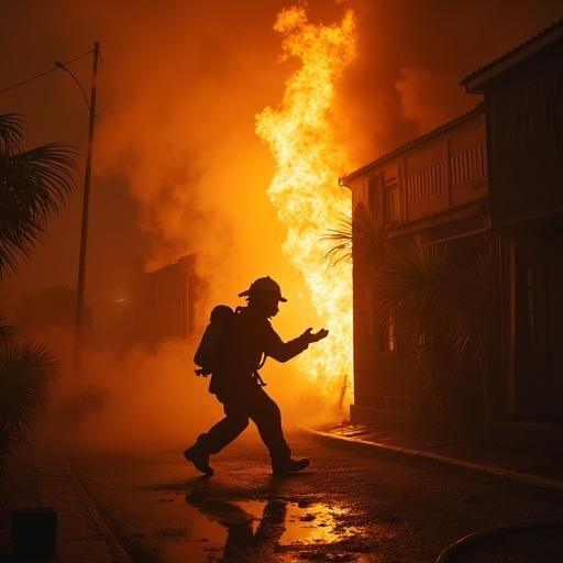 Silhouetted Hero: Firefighter Races Towards Danger