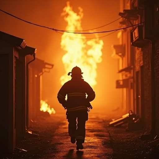 Silhouette of Courage: Firefighter Braves Blazing Inferno