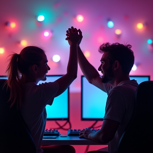 Friends Celebrate Victory with High-Five in Festive Tech Lair