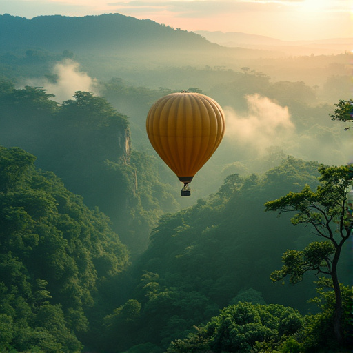 Serene Sunrise: Hot Air Balloon Soars Above Misty Valley