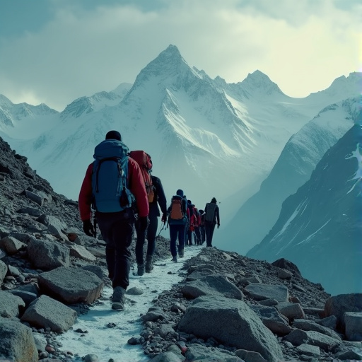 Silhouettes of Hope: Hikers Conquer a Snowy Mountain Pass