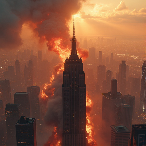 City in Flames: A Dramatic Skyscraper Burns Against an Apocalyptic Sky