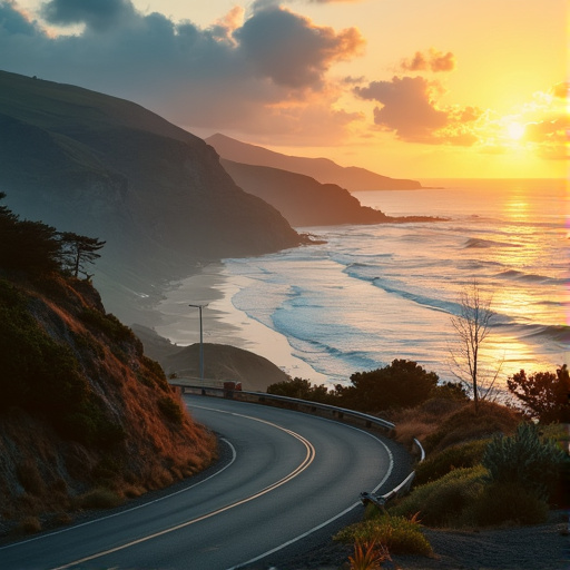 Serene Sunset Over a Winding Coastal Road