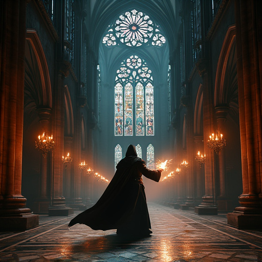 Mystery in the Cathedral: A Hooded Figure Bathed in Light