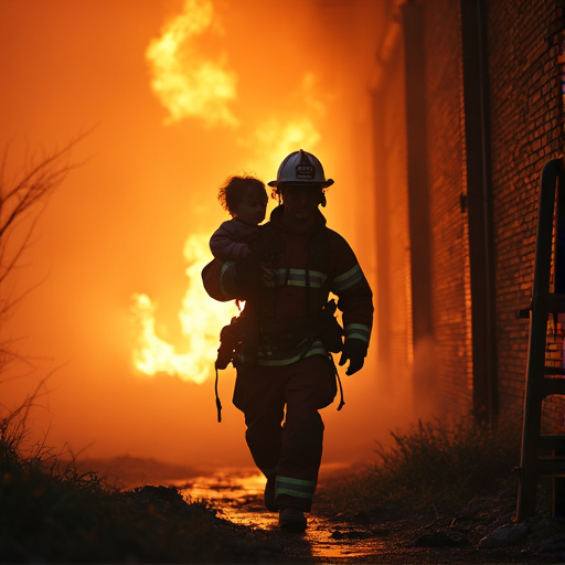 Heroic Silhouette: Firefighter Saves Child from Blazing Inferno