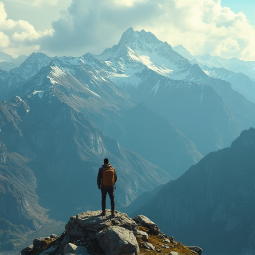 A Moment of Awe: Hiker Contemplates Majestic Mountain Range