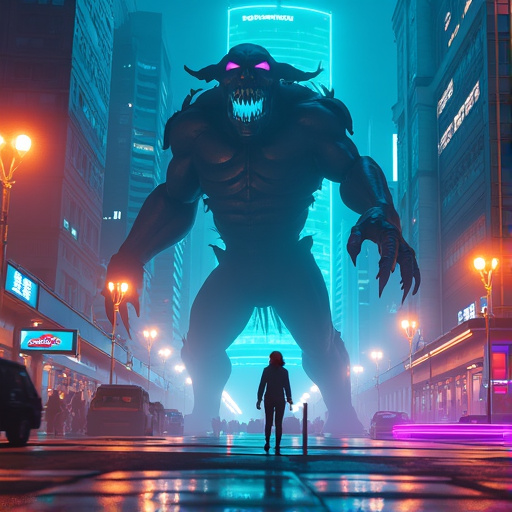 Shadow Colossus Looms Over Neon City