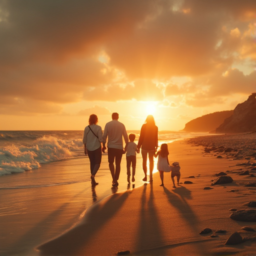 Sunset Silhouettes: A Family’s Tranquil Walk on the Beach