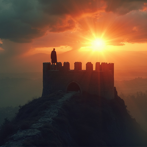 Silhouetted Hope: A Lone Figure on a Castle Wall at Sunset