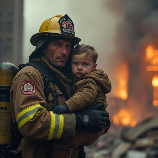 Heroic Rescue: Firefighter’s Embrace Amidst the Flames