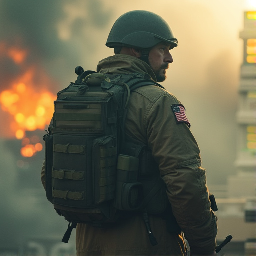 Silhouetted Soldier in War-Torn Landscape