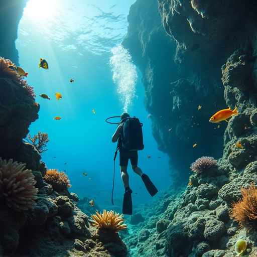 Silhouetted Diver Explores a Vibrant Coral Reef