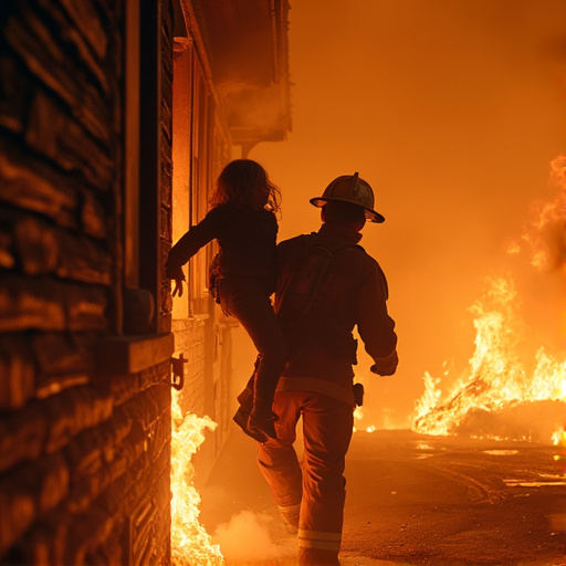 Hope Amidst the Flames: Fireman’s Heroic Rescue Captured in Dramatic Silhouette