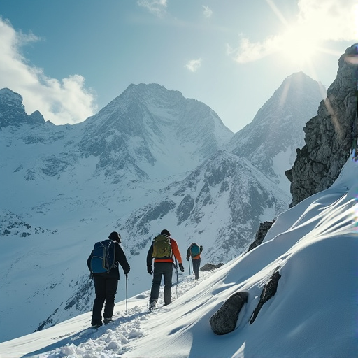 Tiny Figures Against a Majestic Landscape: Hikers Conquer a Snowy Mountain