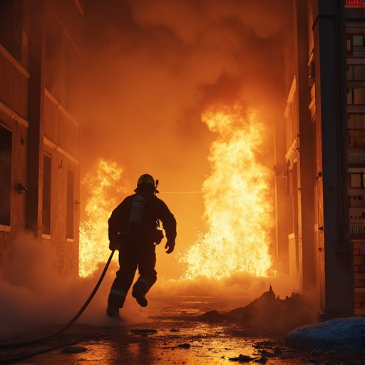 Heroic Silhouette: Firefighter Battles Blaze in Urban Inferno