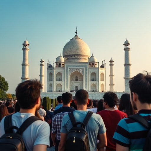 Capturing the Majesty: Tourists Pose Before the Taj Mahal