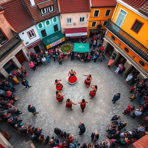 A Symphony of Red: Joyful Dance in a Colorful Plaza