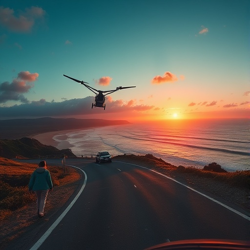 Silhouetted Serenity: A Helicopter Soars Above Coastal Sunset