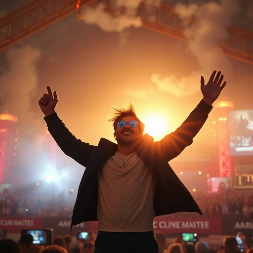 Man Celebrates with Joyful Leap Under Stadium Lights